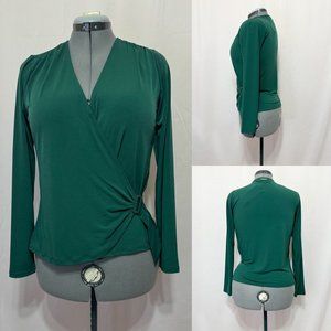 Michael Kors NWT Sz M Dark Emerald V Neck Faux Wrap Long Sleeve Top
